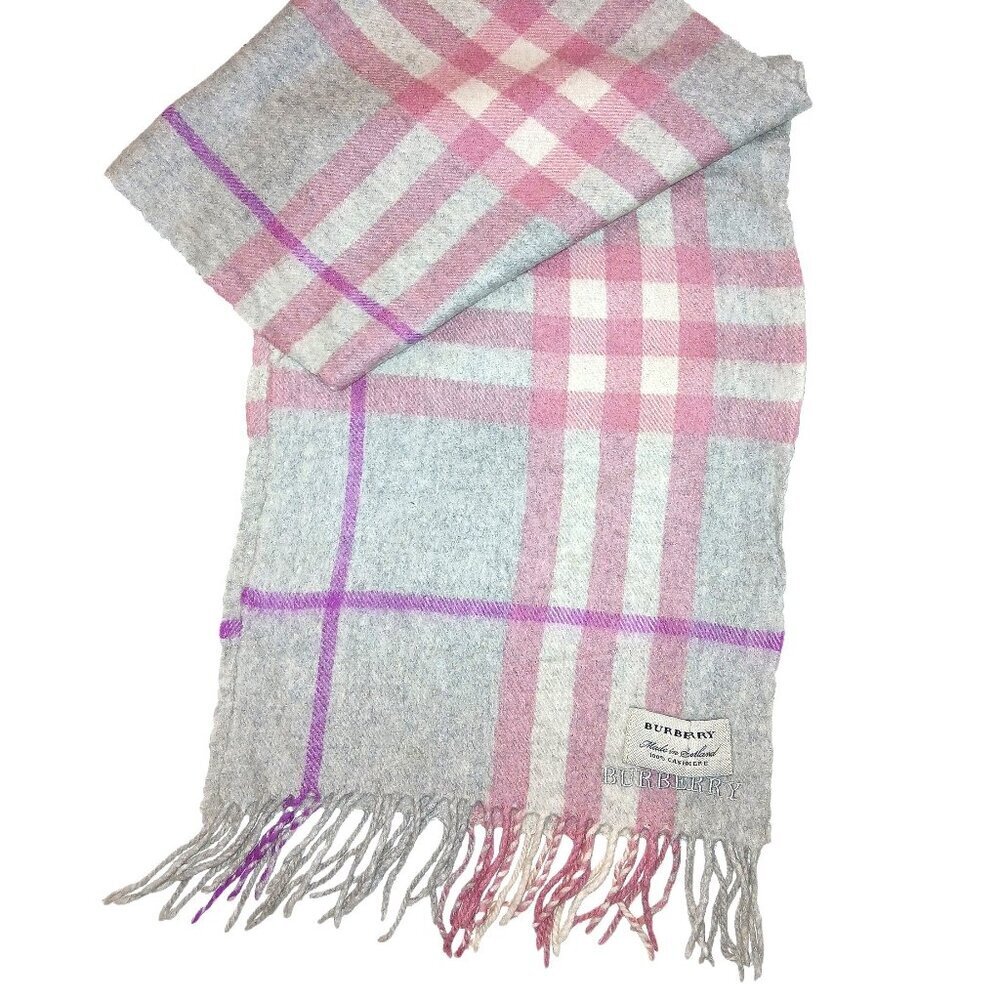 Burberry Vintage Gray Pink Purple Luxury Plaid Scarf Embroidered Logo - Picture 2 of 5